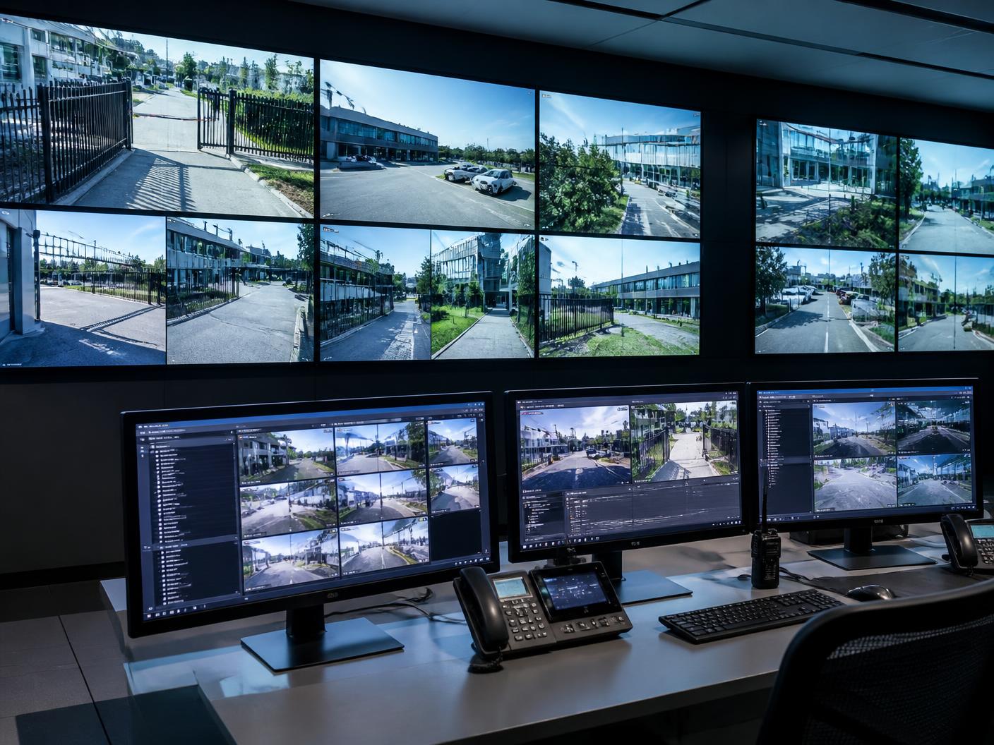 CCTV control room monitoring multiple camera feeds